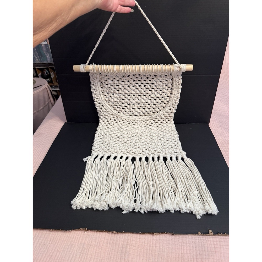 Vtg Macrame Wall Hanging Fringe Pocket Wood Boho Decor Plant Hanger Toy Storage